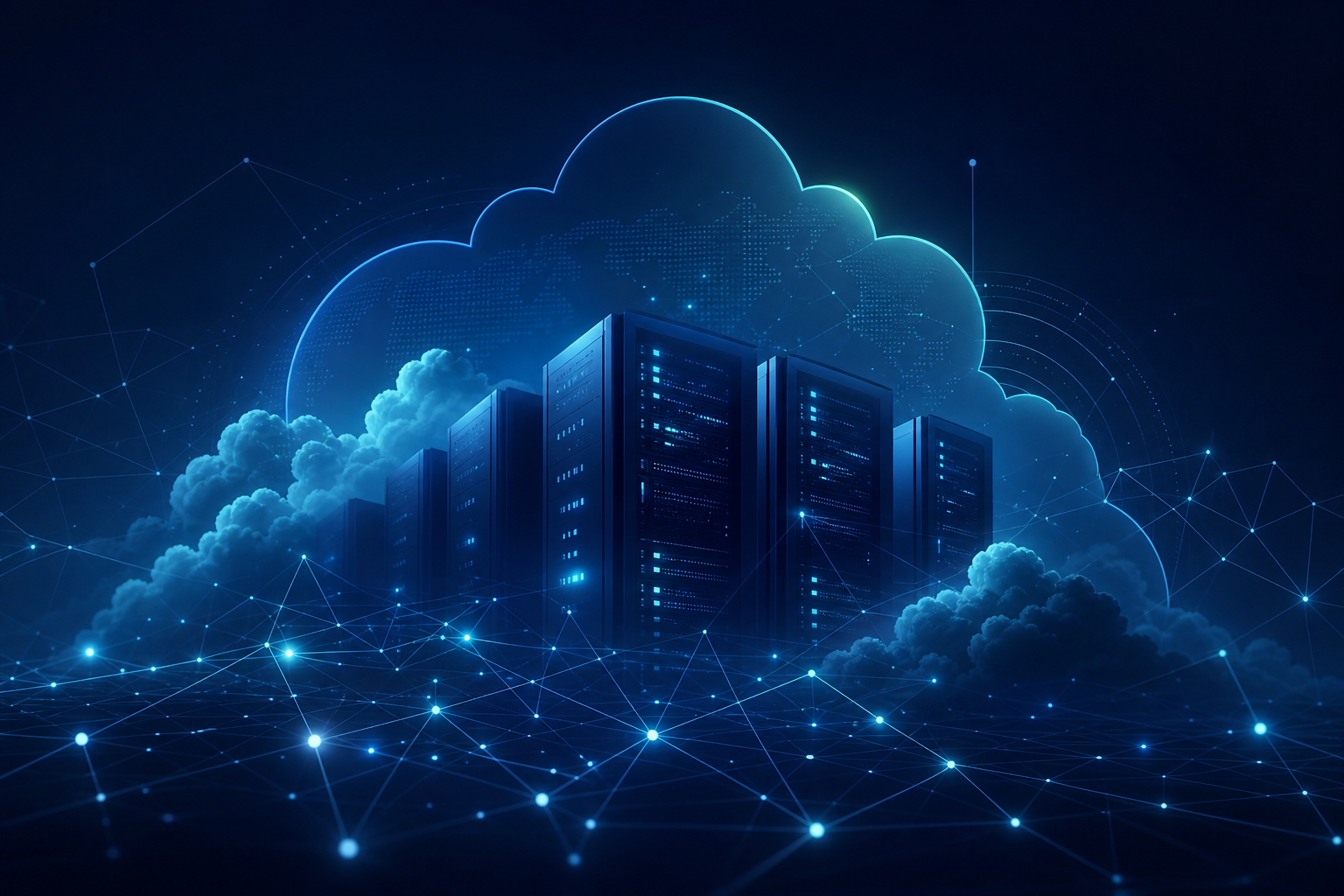 Abstract illustration of global cloud infrastructure: layered systems and soft network glow suggesting high availability and scale engineering.