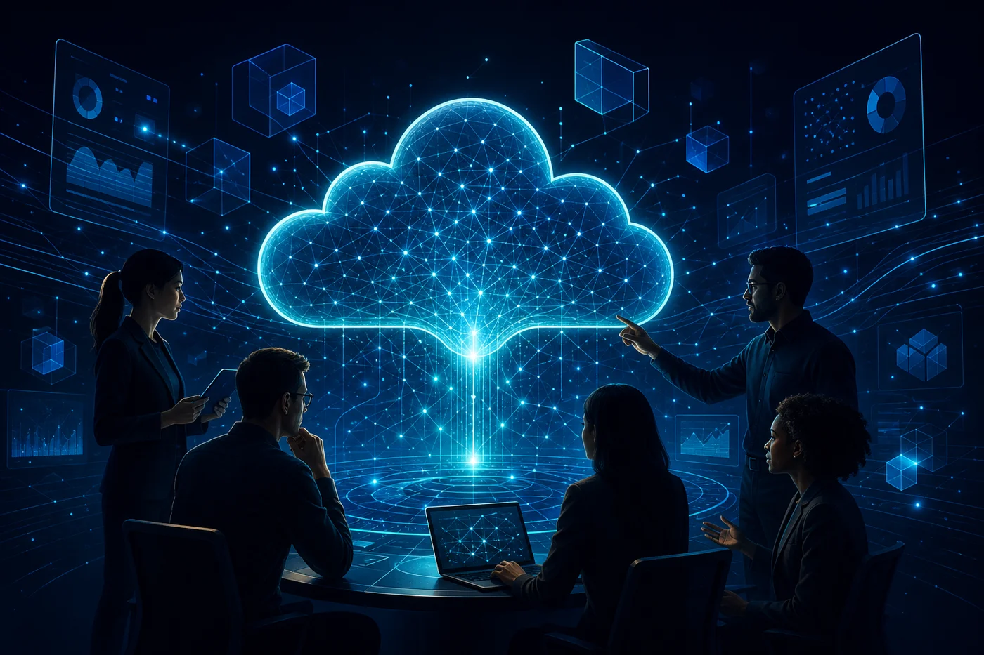 Illustration of experts collaborating around cloud and AI concepts: team silhouettes and a glowing connected core suggesting enablement and partnership.