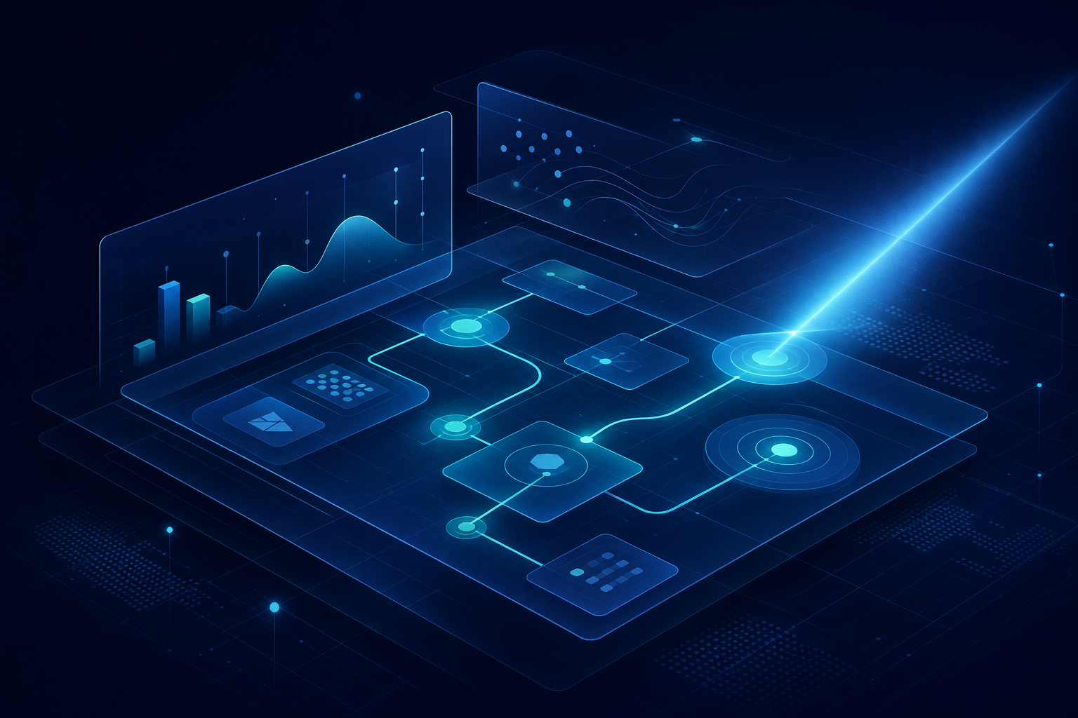 Abstract illustration of an AI opportunity audit: layered roadmap panels and soft cyan light suggesting strategic assessment and prioritized insights.