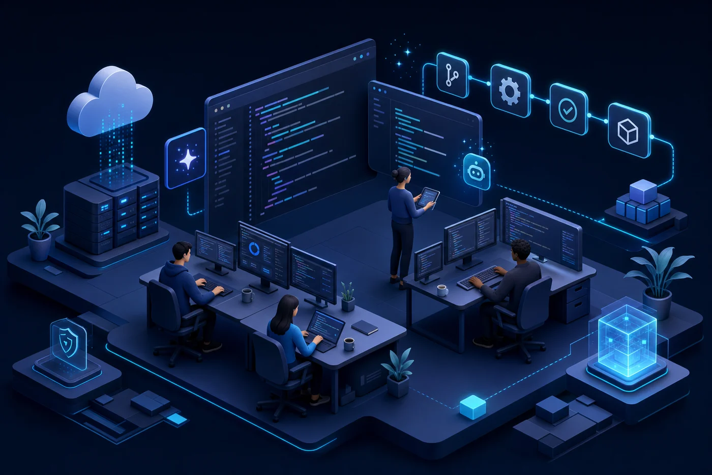 Stylized illustration of engineering teams adopting AI: IDE-like panels, automation pipelines, and collaborative tooling on a dark navy canvas.