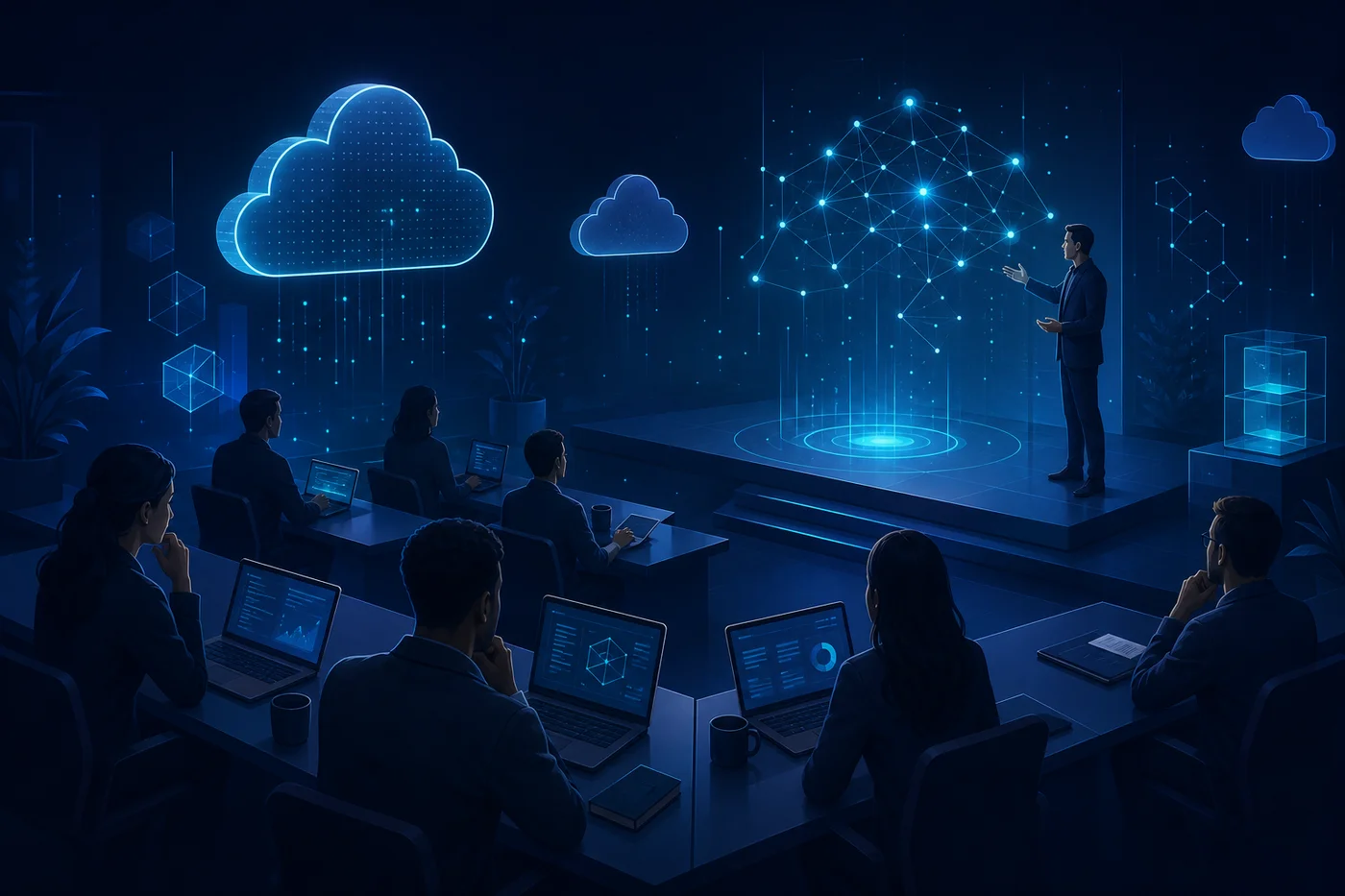 Stylized illustration of AI and cloud enablement learning: workshop setting with holographic cloud motifs and connected data nodes on a dark background.