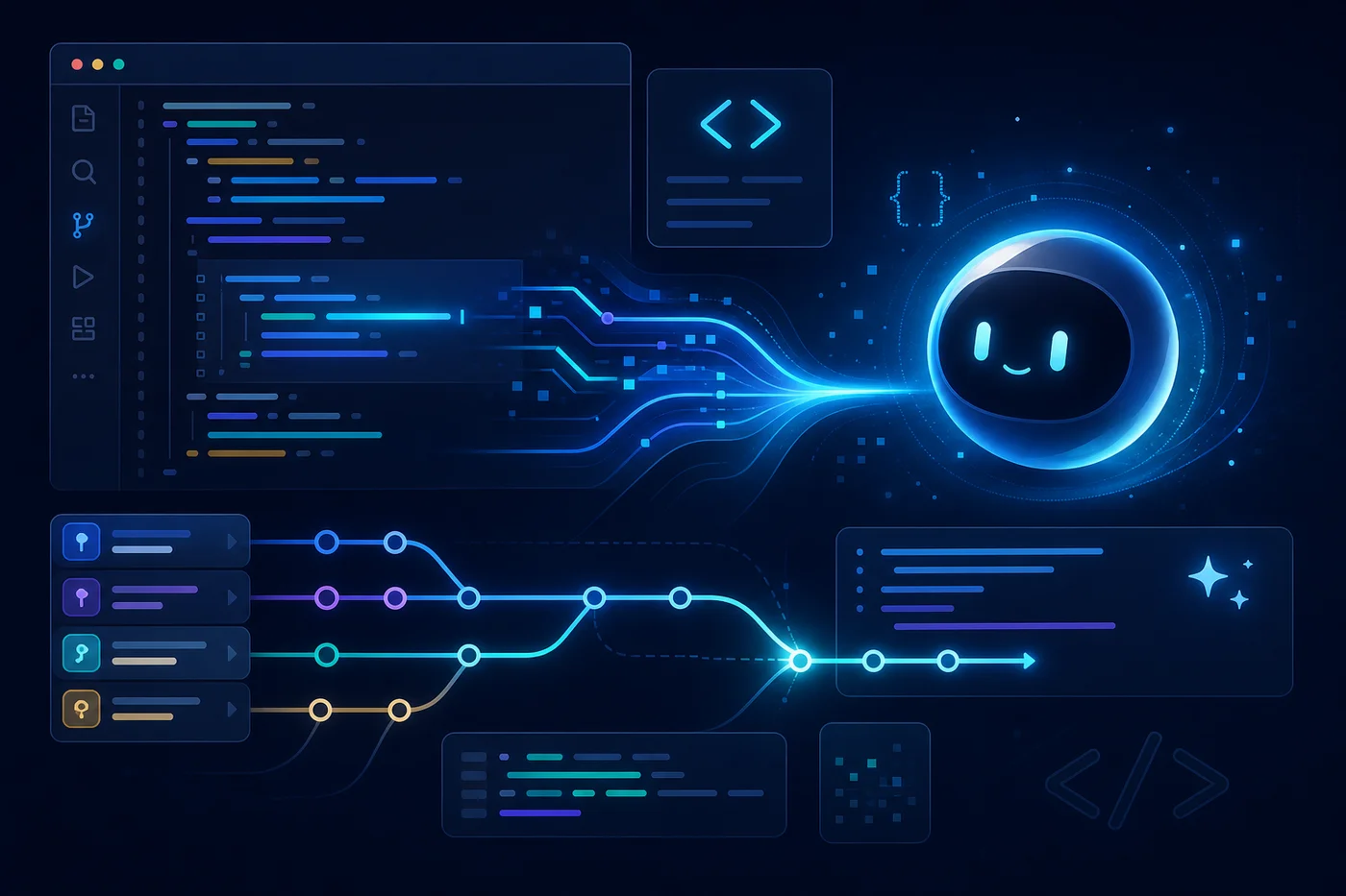 Abstract illustration of developer productivity with AI: editor windows, branching workflows, and assistant motifs on a dark technical backdrop.