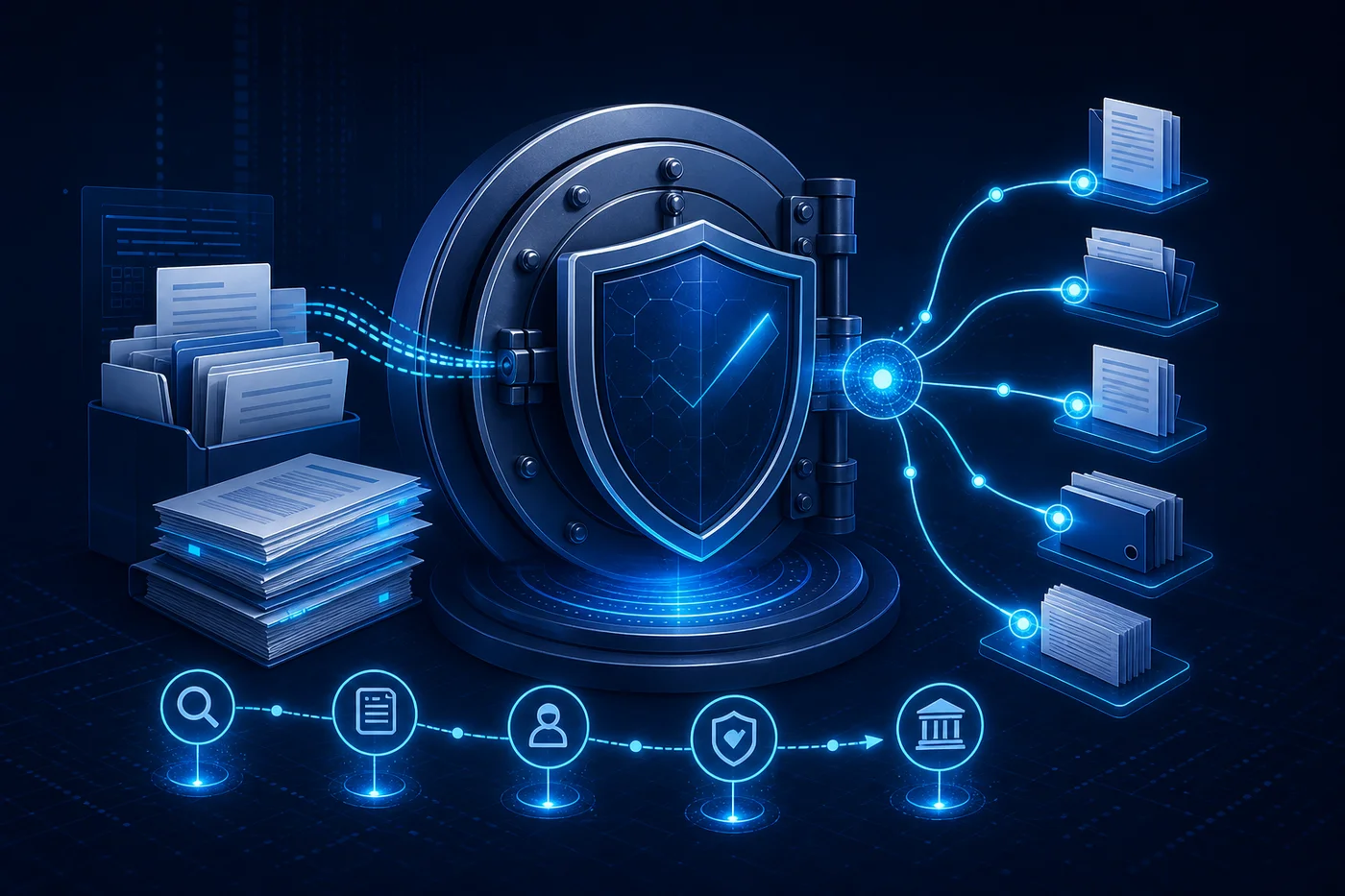 Abstract illustration of secure compliance reporting: documents, audit trails, and retrieval-style connections suggesting regulated data analysis.