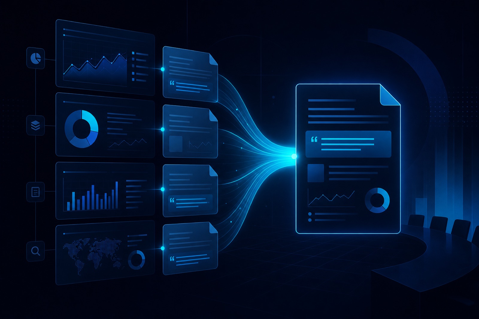Abstract illustration of leadership decision briefs: scattered report panels converging into one cited executive summary with dashboard sparklines.