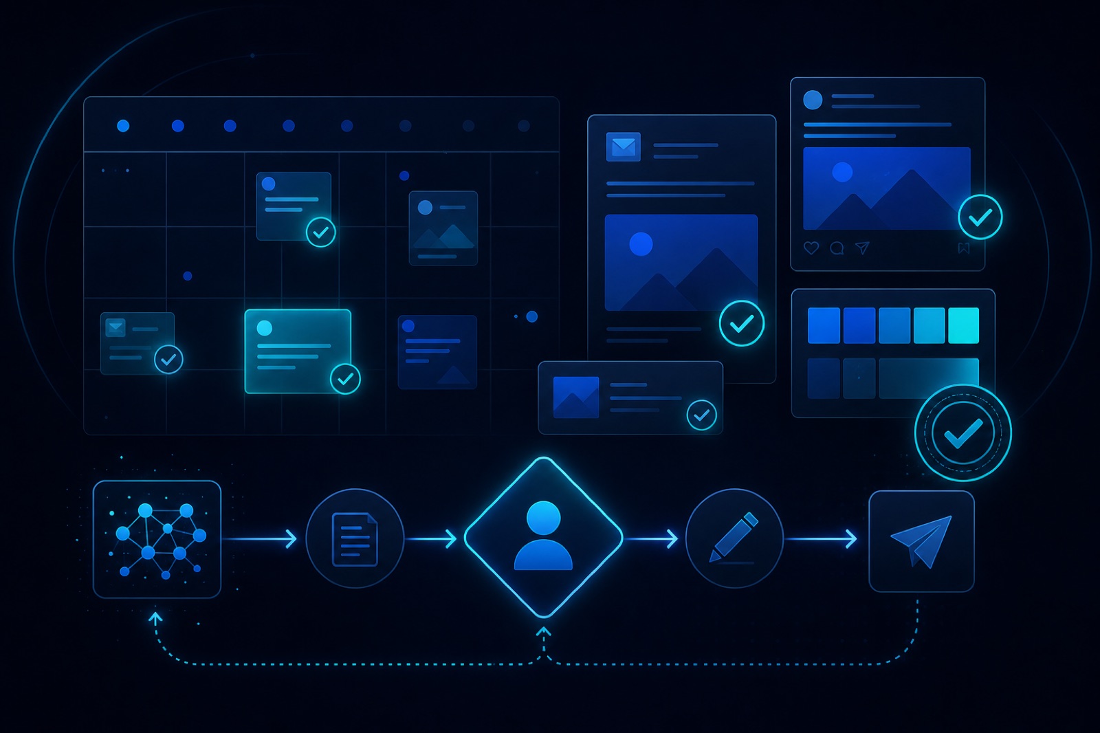 Abstract illustration of marketing content operations: campaign cards, brand cues, and a human-in-the-loop approval gate between AI drafts and published assets.