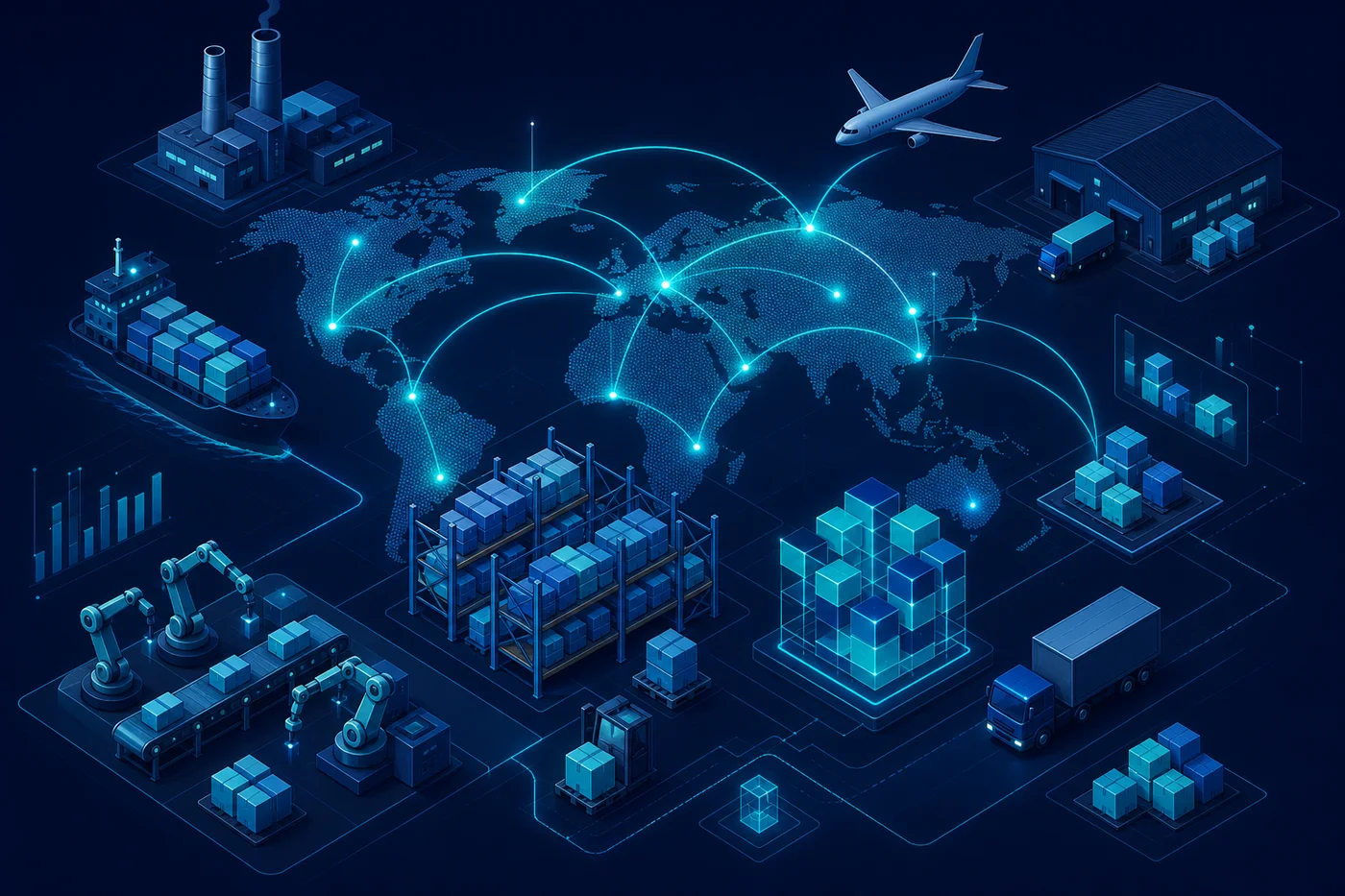 Abstract illustration of supply chain orchestration: warehouse motifs, inventory blocks, and glowing route arcs suggesting predictive logistics.