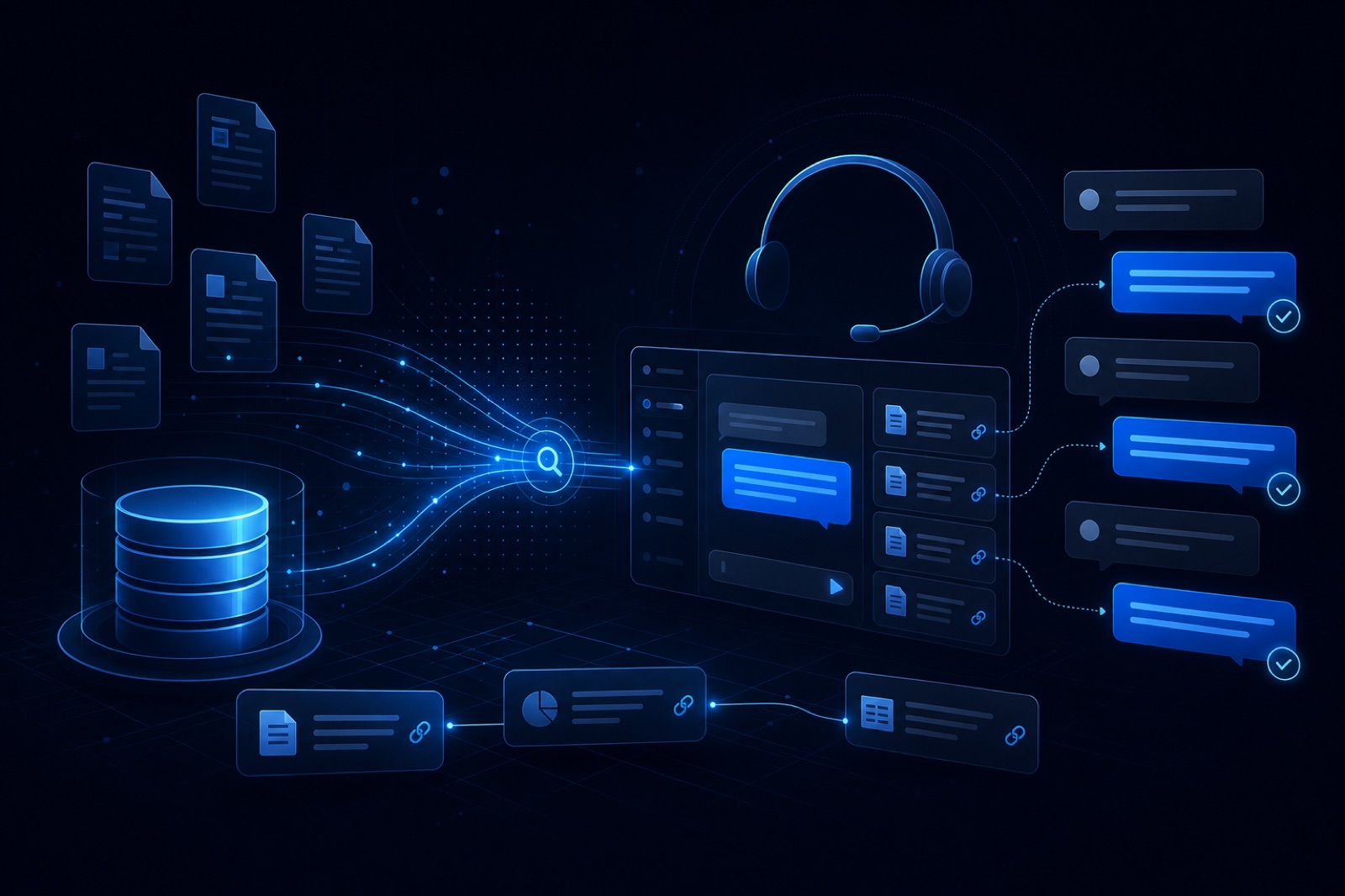 Abstract illustration of a customer support knowledge assistant: helpdesk motifs, cited document cards, and retrieval links between a knowledge base and agent workflow.